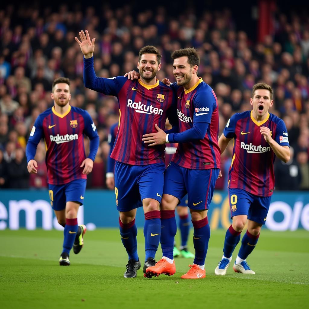 Các cầu thủ Barcelona ăn mừng bàn thắng tại La Liga