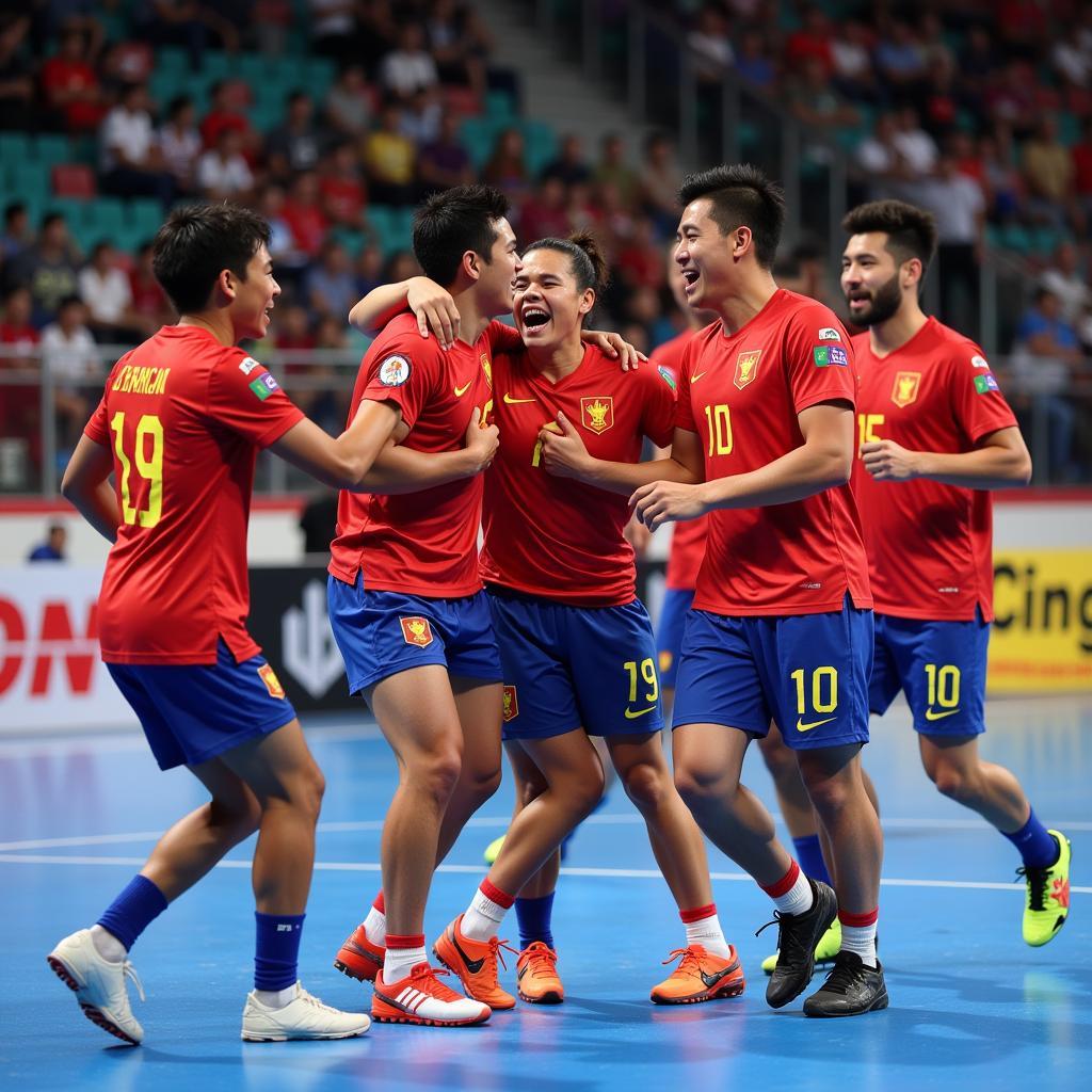 Các cầu thủ Futsal Việt Nam ăn mừng chiến thắng