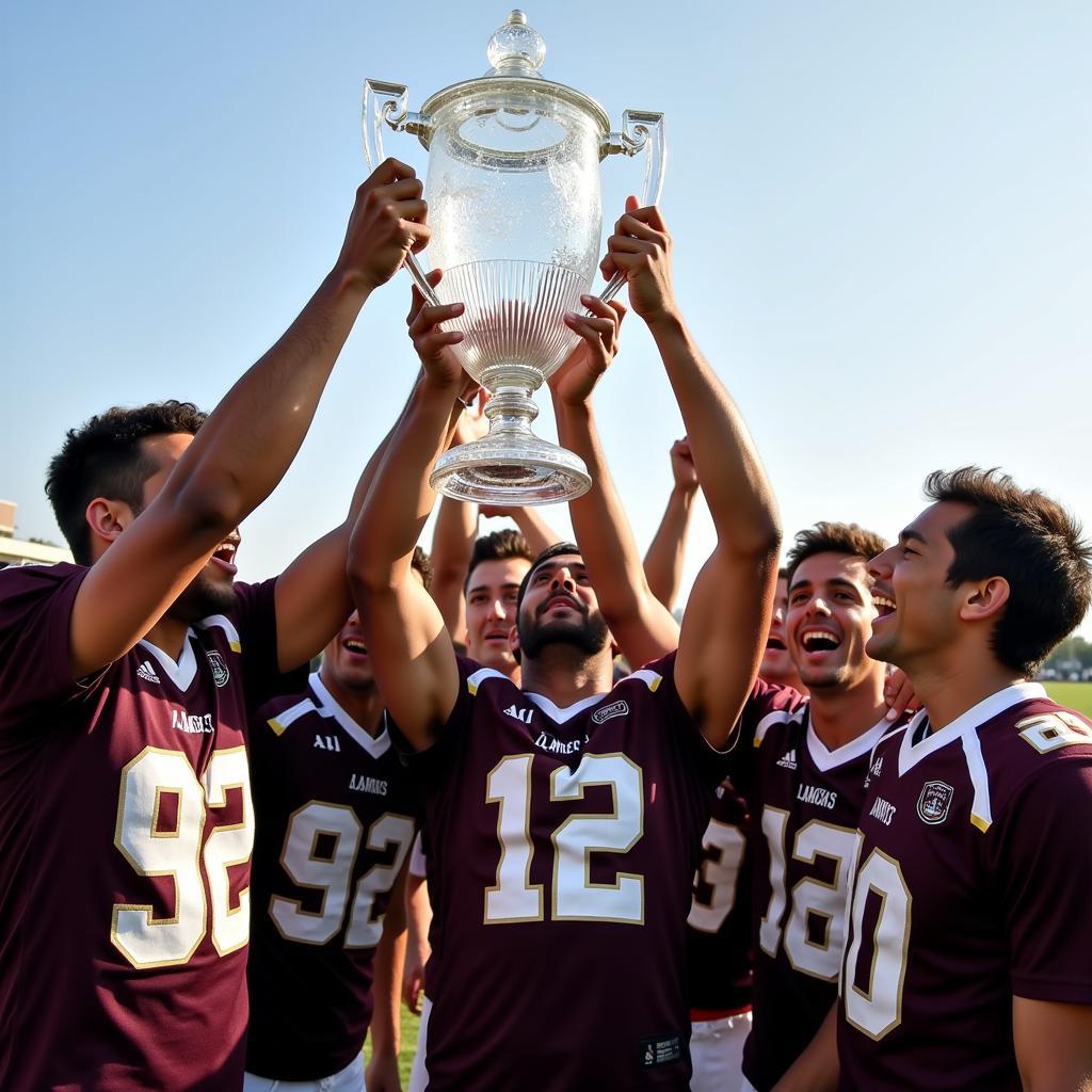 Football Team Celebrating With Crystal Trophy