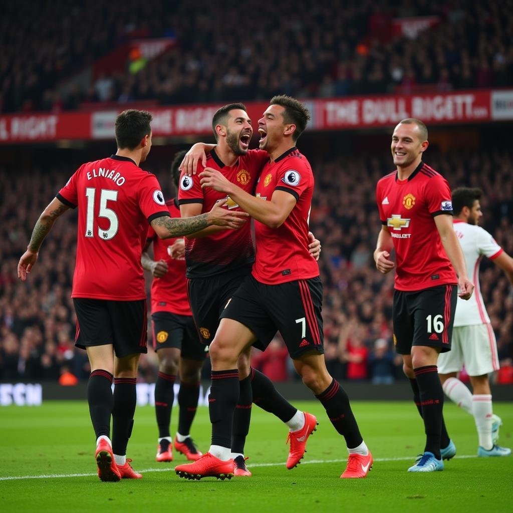 Manchester United players celebrating a victory