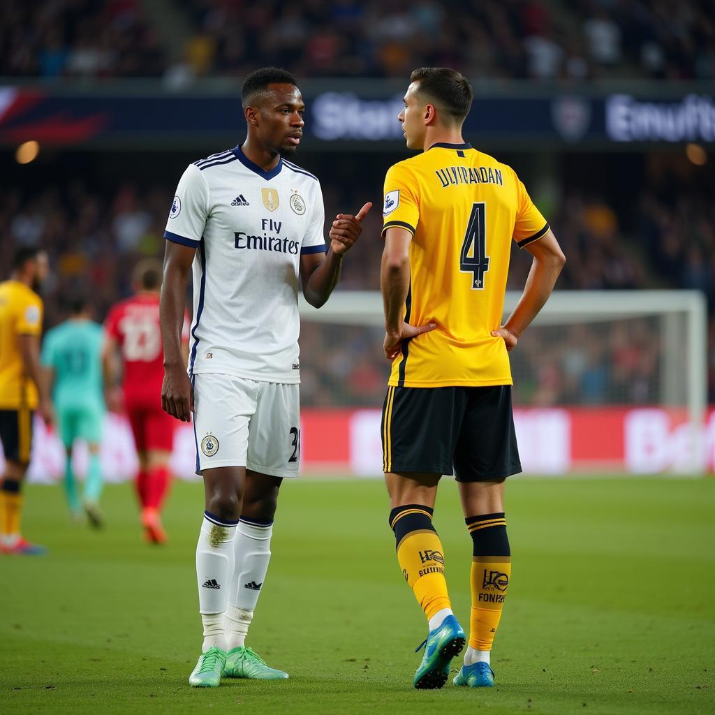 "A soccer player talking to his teammate during a match"