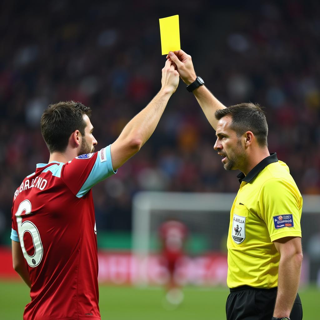 "A soccer referee shows a yellow card to a player."