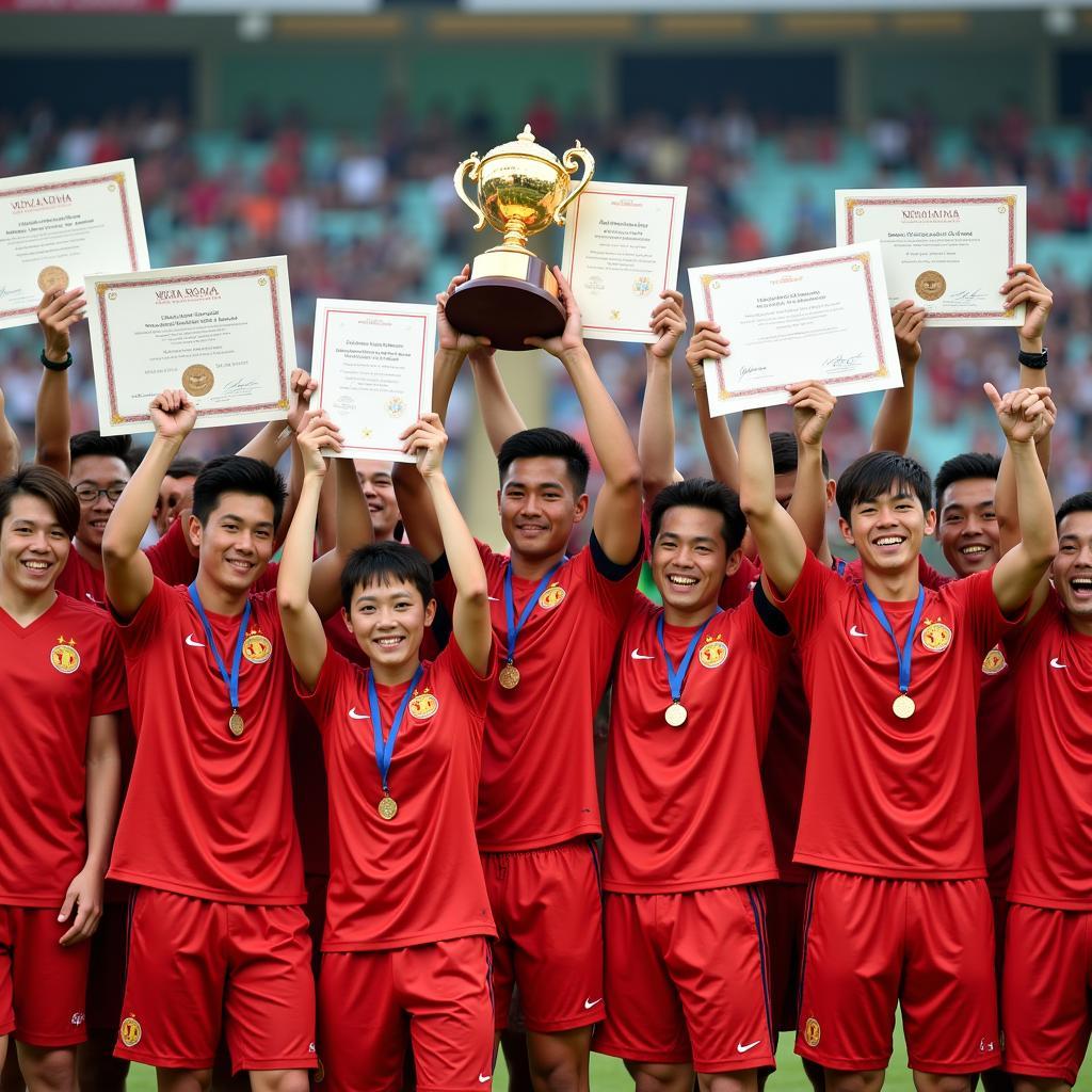 Vietnamese football players proudly hold up their national awards