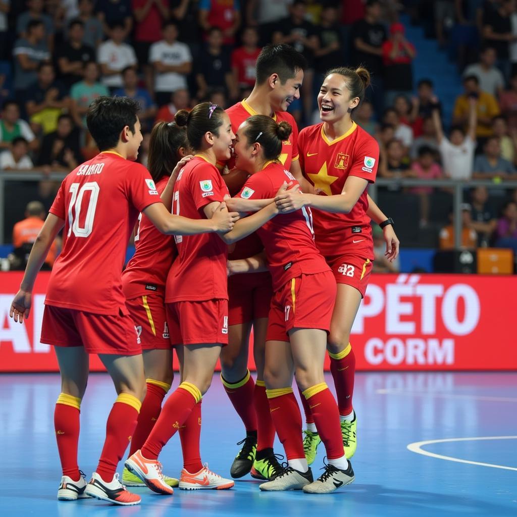 Cầu thủ Futsal Việt Nam ăn mừng bàn thắng trong trận chung kết với Indonesia