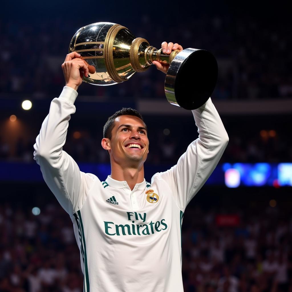 Cristiano Ronaldo ăn mừng khi nhận giải thưởng