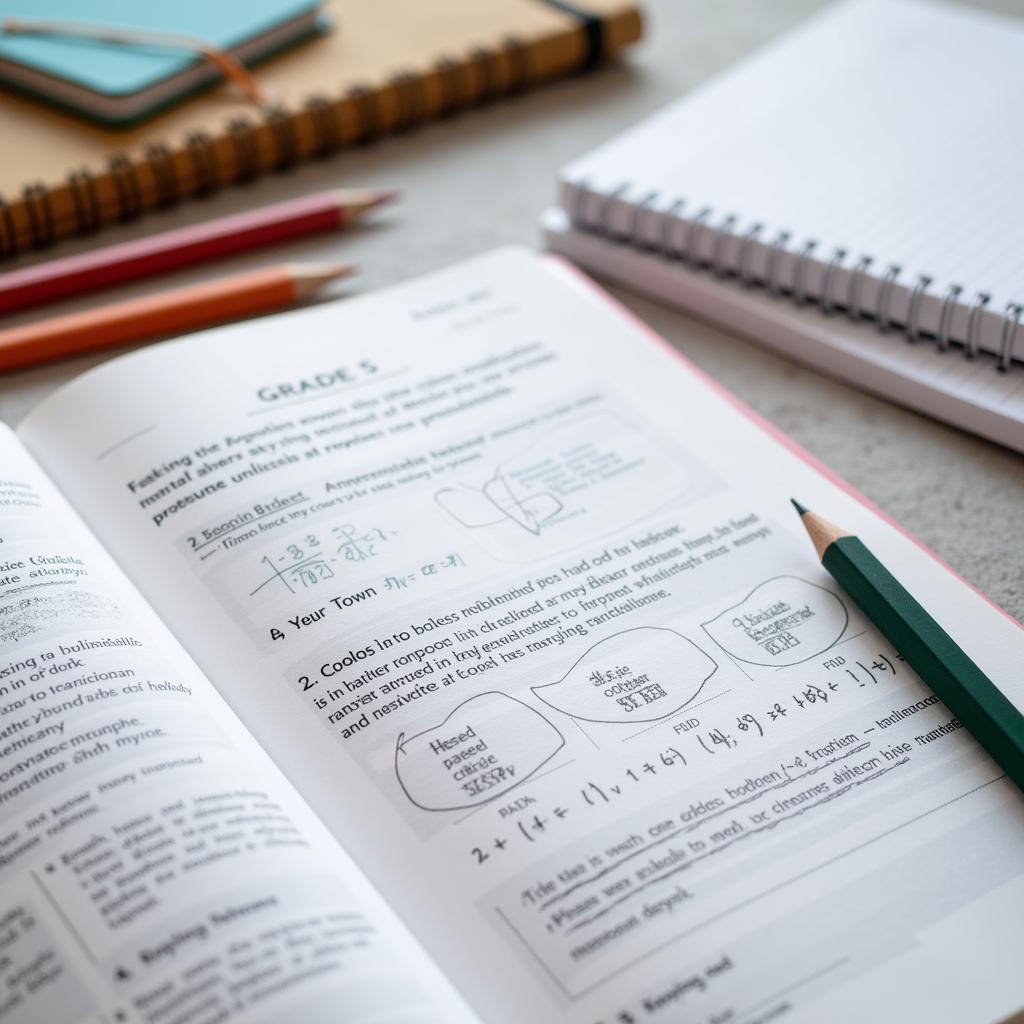 Textbook Open on a Desk with Pencils and Notebook