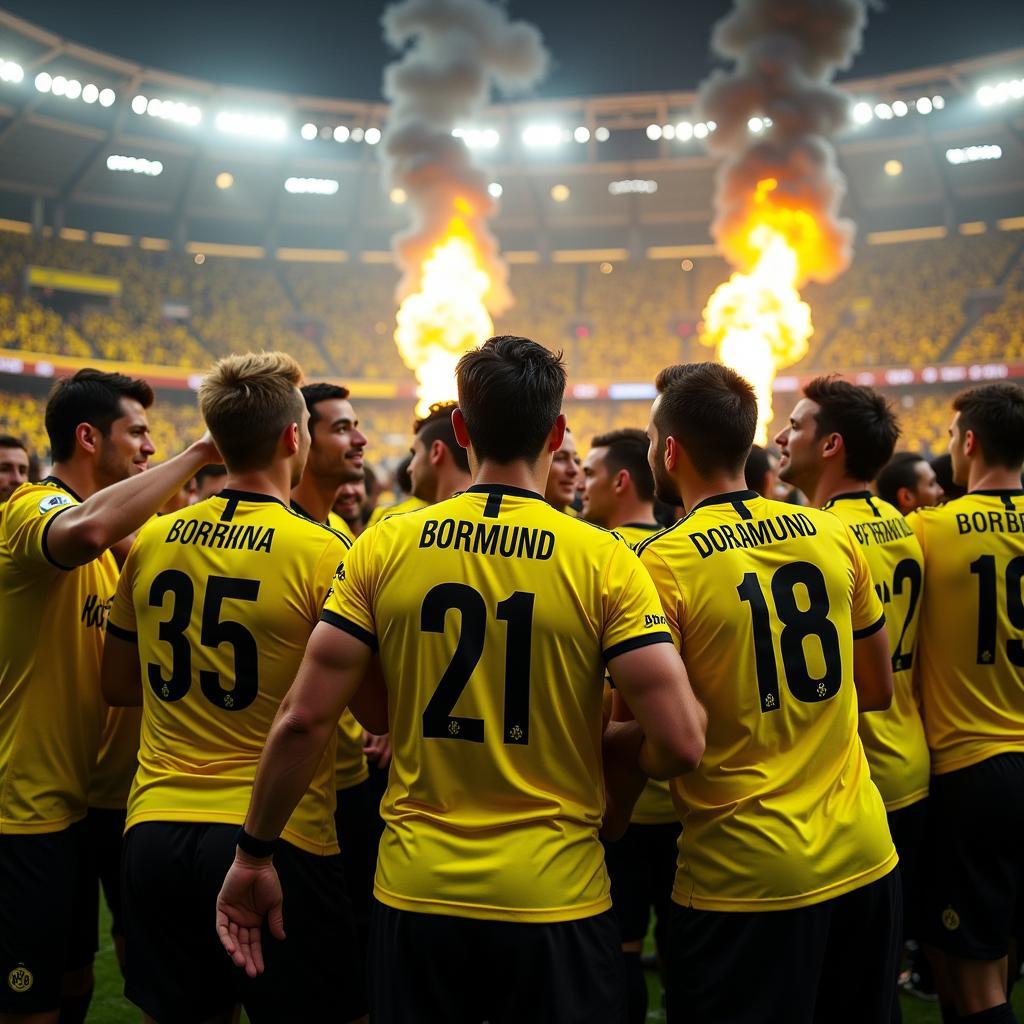 Cầu thủ Dortmund ăn mừng bàn thắng với CĐV trên sân nhà Signal Iduna Park