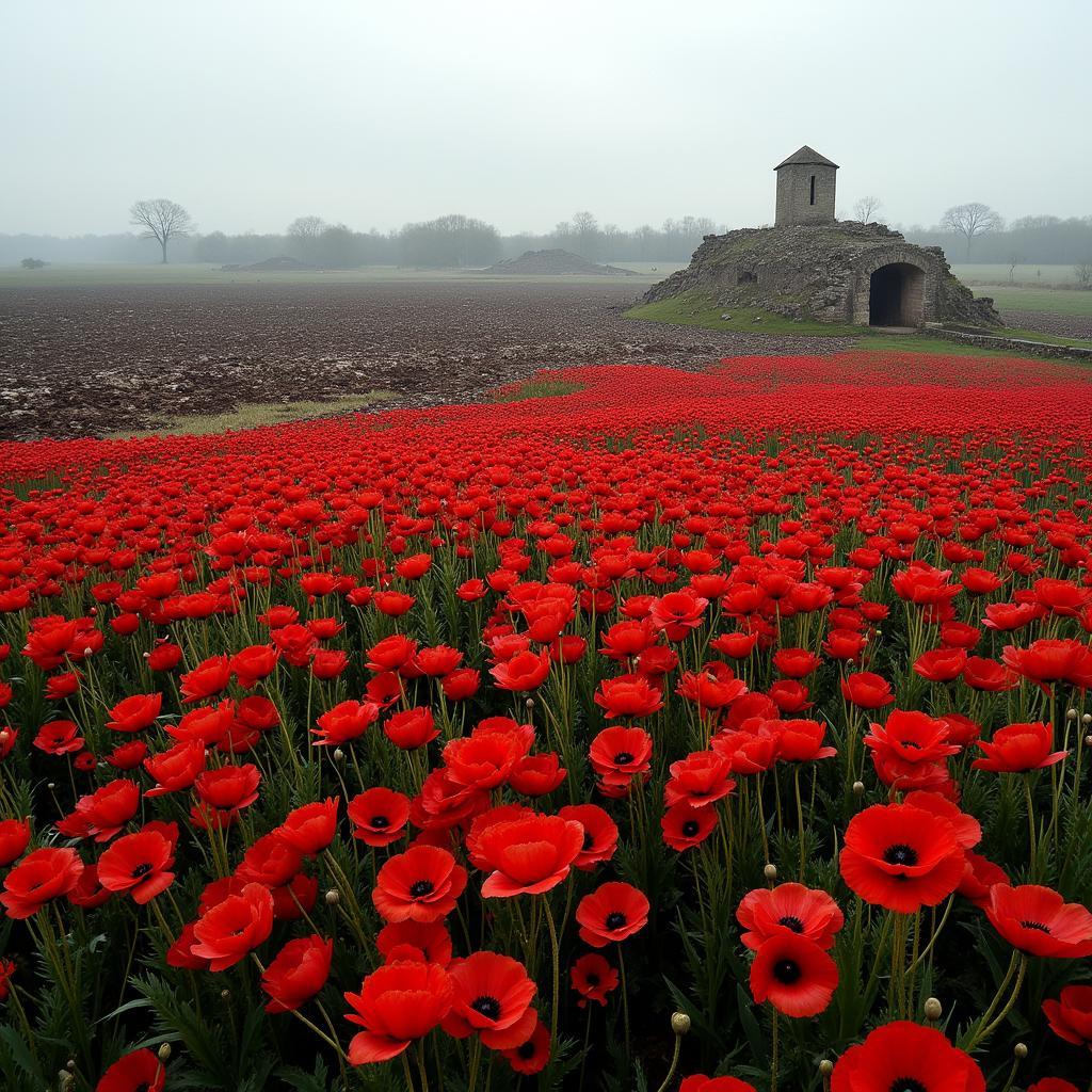 Red poppies blooming on the desolate battlefields of Flanders