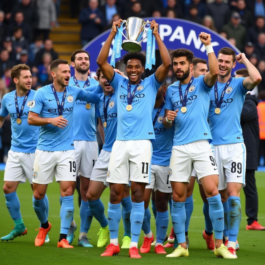 Đội hình Manchester City ăn mừng chức vô địch Giải Hạng Nhất Anh 2019