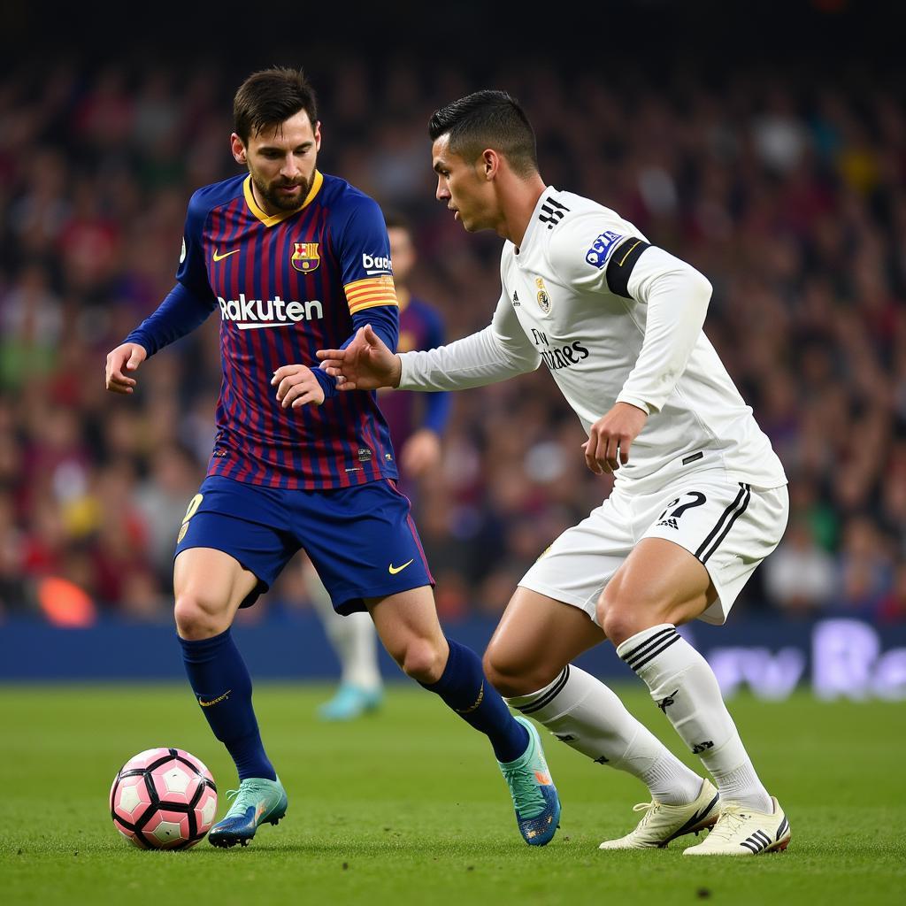 Lionel Messi và Cristiano Ronaldo đối đầu trong một trận El Clasico.