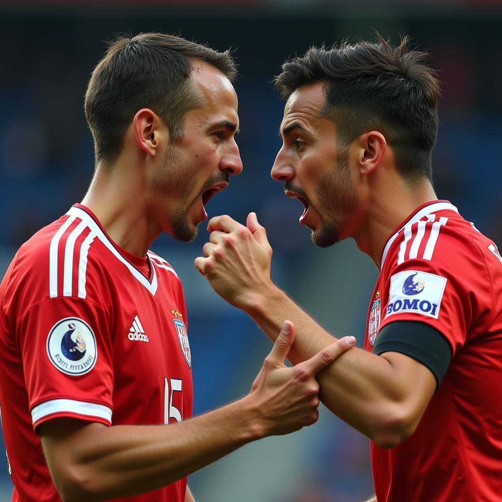 "Two soccer players arguing during a heated moment in the match."