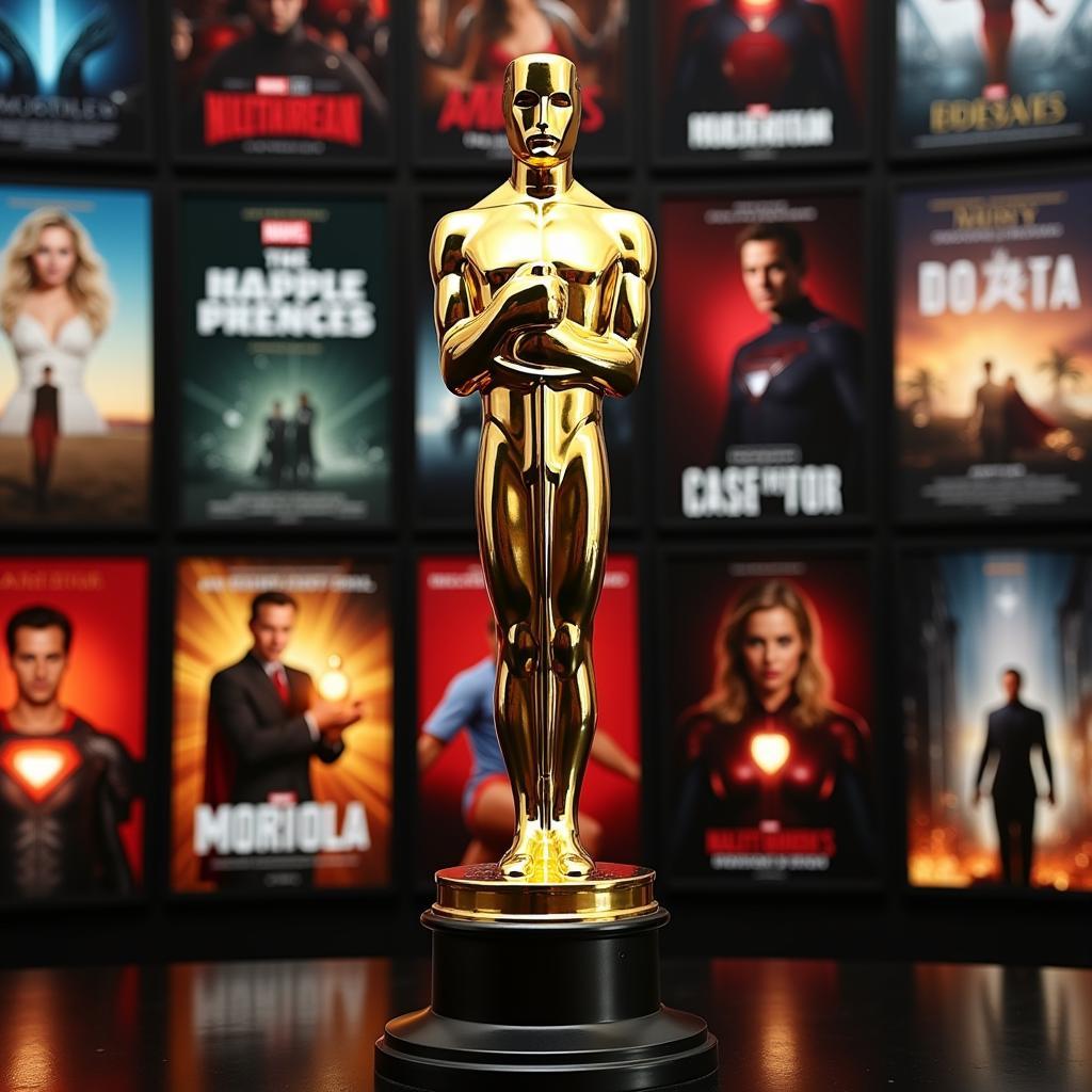 Tượng vàng Oscar trên nền poster phim siêu anh hùng