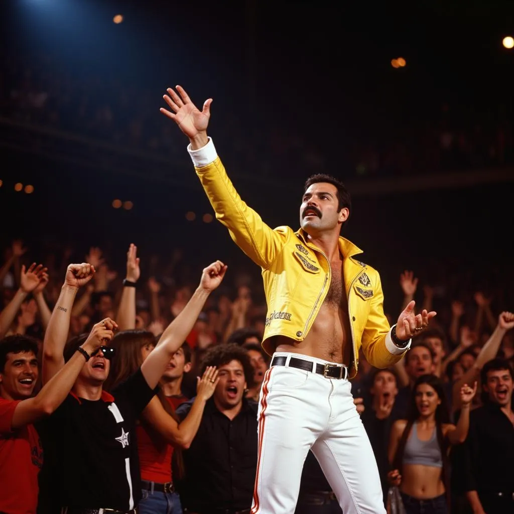 Hình ảnh Freddie Mercury biểu diễn "We Are The Champions"