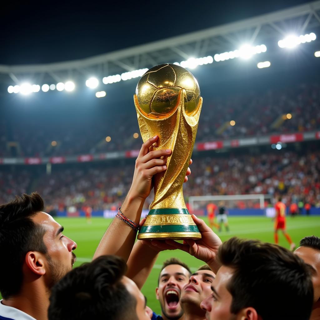 Bảng hiệu giải nhất World Cup lấp lánh trong ánh đèn sân vận động