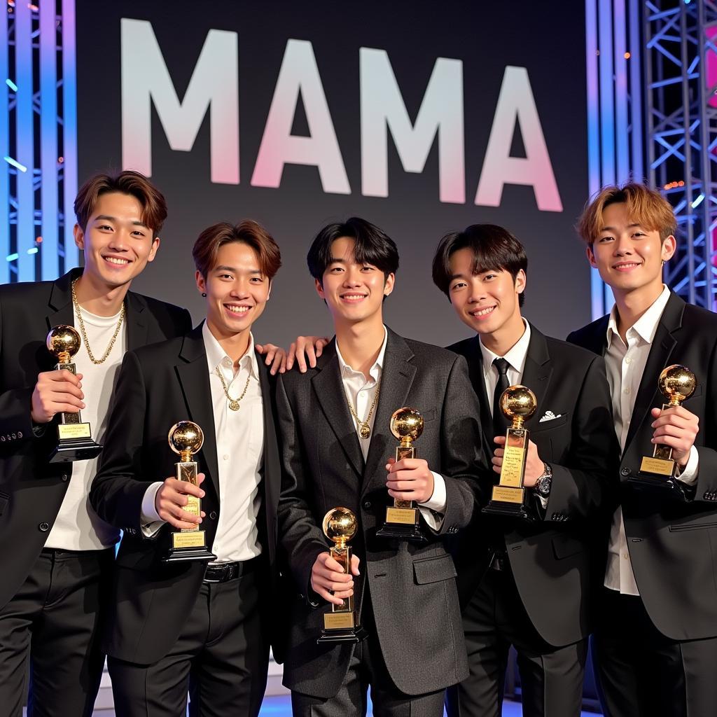 BTS chụp ảnh cùng giải thưởng MAMA