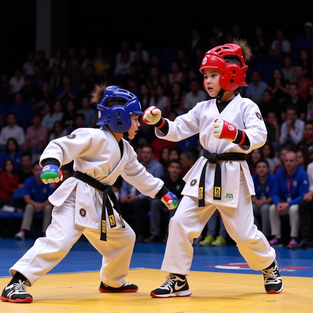 Các vận động viên Taekwondo trẻ thi đấu sôi nổi tại giải vô địch toàn quốc.