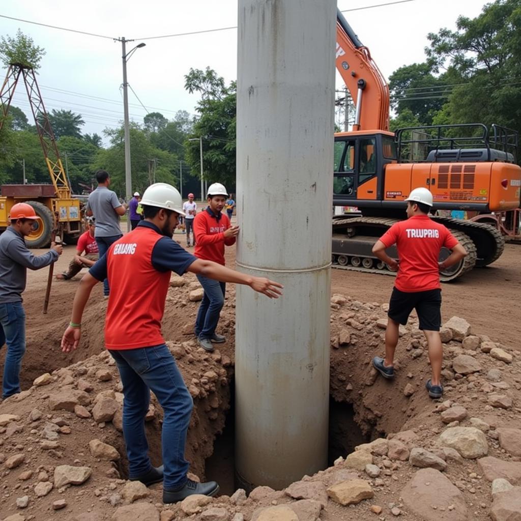 Lực lượng cứu hộ làm việc tại hiện trường vụ giải cứu bé trai ở Đồng Tháp