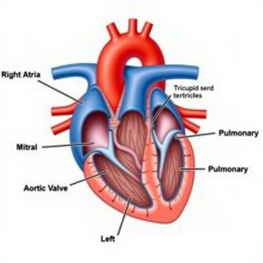 Hình ảnh minh họa các buồng tim và van tim với nhãn bằng tiếng Anh.