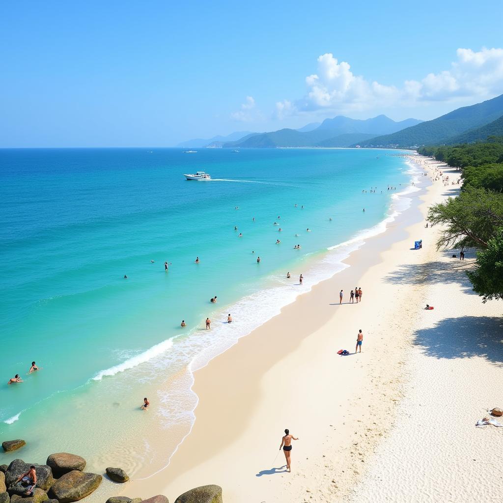 Bãi biển Nha Trang trong xanh, cát trắng mịn màng, du khách tận hưởng kỳ nghỉ.