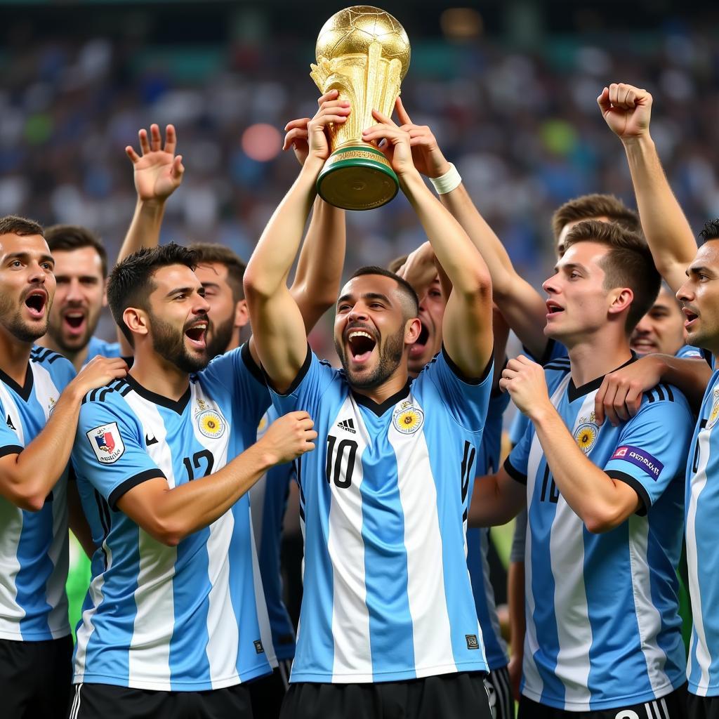 Hình ảnh đội vô địch World Cup 2022 Argentina nâng cao chiếc cúp vàng.