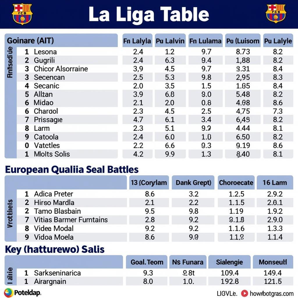 Bảng xếp hạng La Liga Tây Ban Nha cập nhật mới nhất với các thông tin về vị trí, số trận, số điểm, hiệu số bàn thắng bại của các đội bóng.