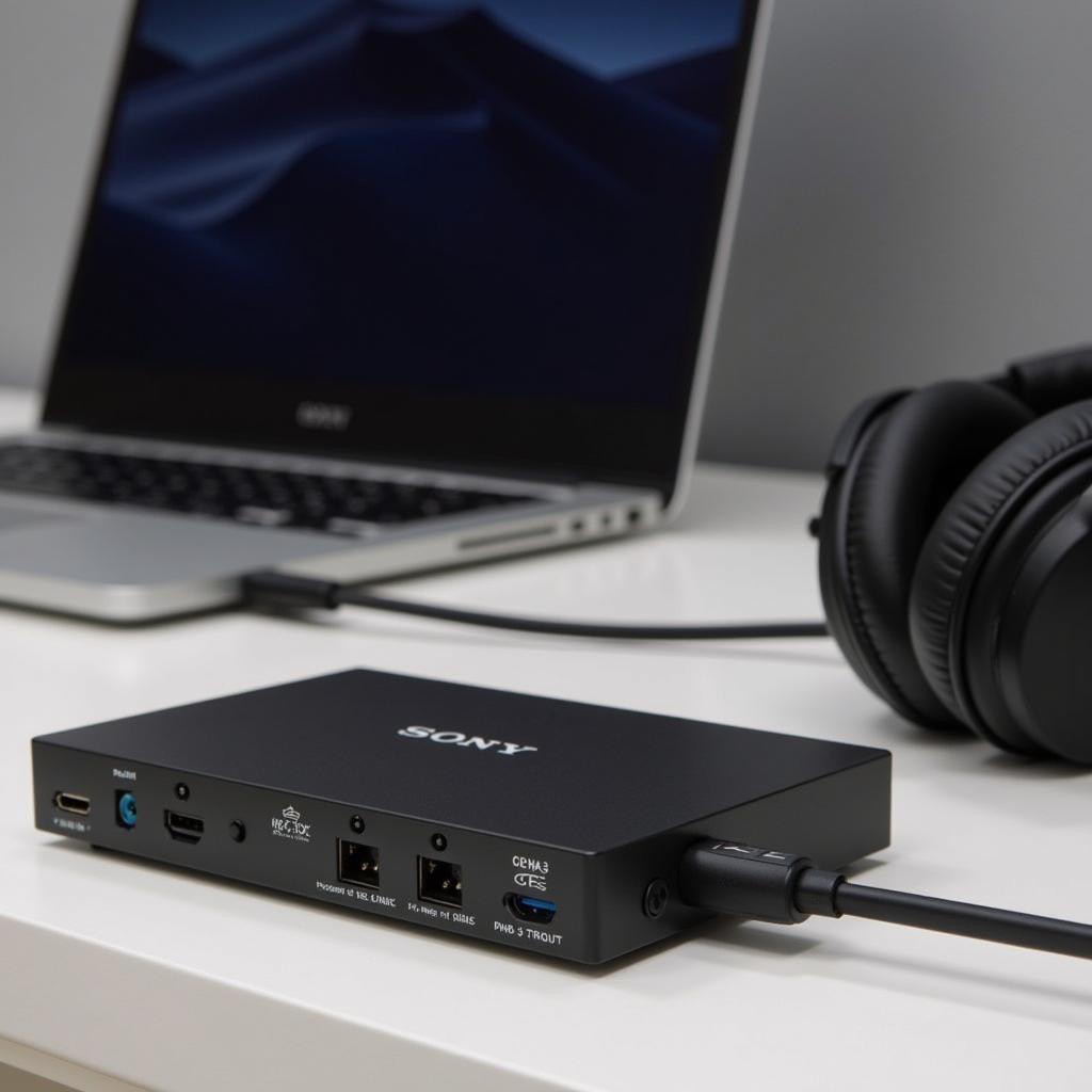 Bộ giải mã DAC Sony PHA-3 kết nối với máy tính xách tay và tai nghe