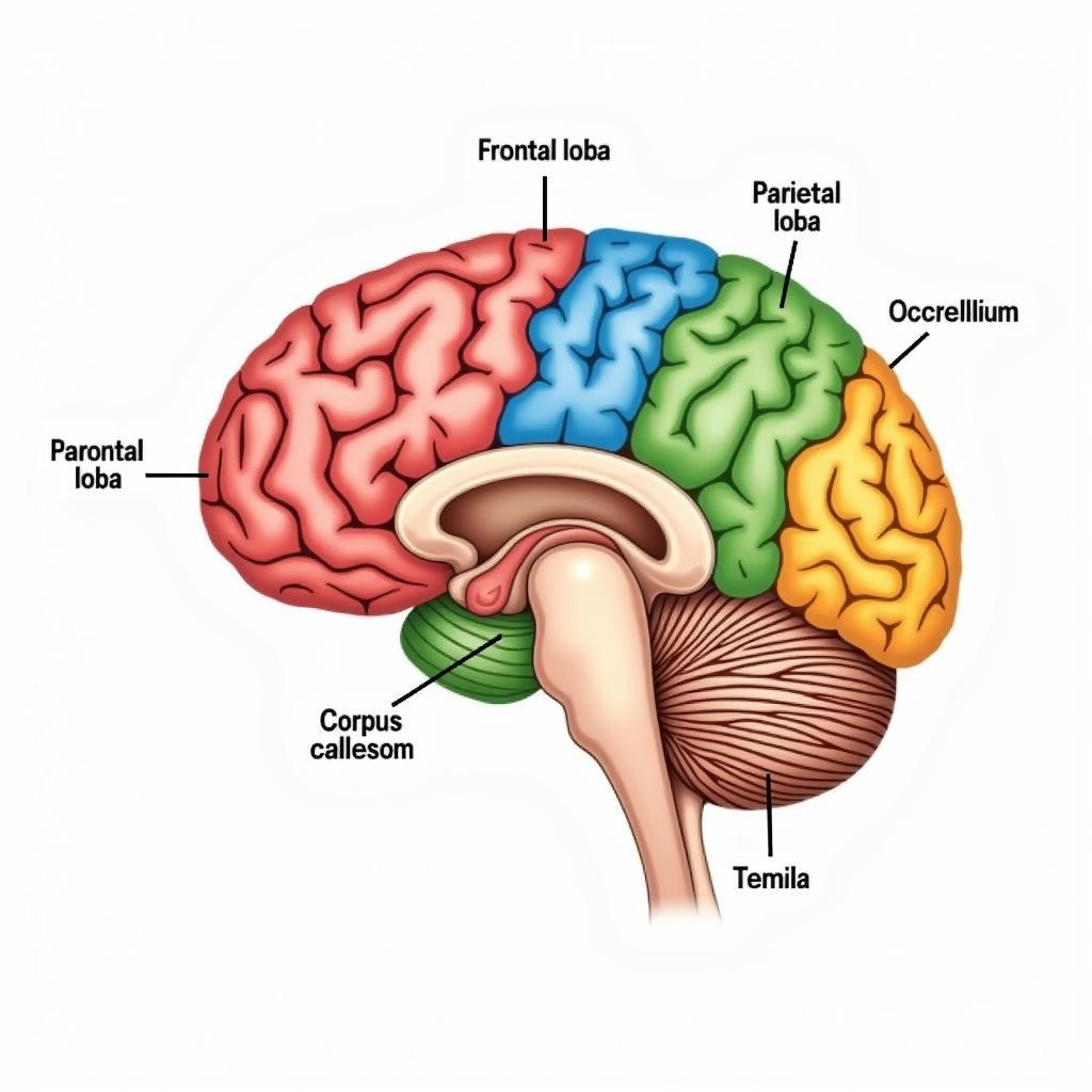 Hình ảnh minh họa giải phẫu bộ não người, thể hiện các vùng chức năng chính như thùy trán, thùy đỉnh, thùy thái dương và thùy chẩm.