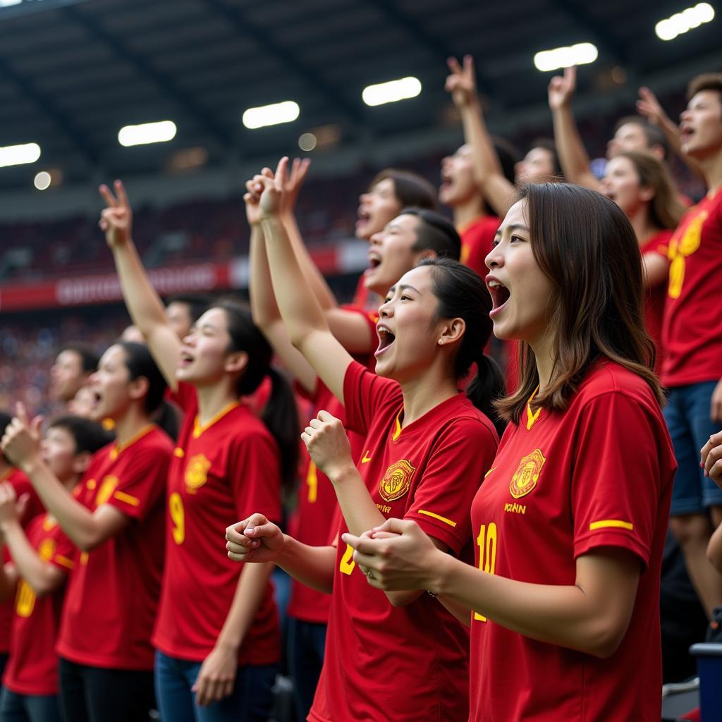 Người hâm mộ hát vang bài "Ta là giải phóng quân" trên khán đài.