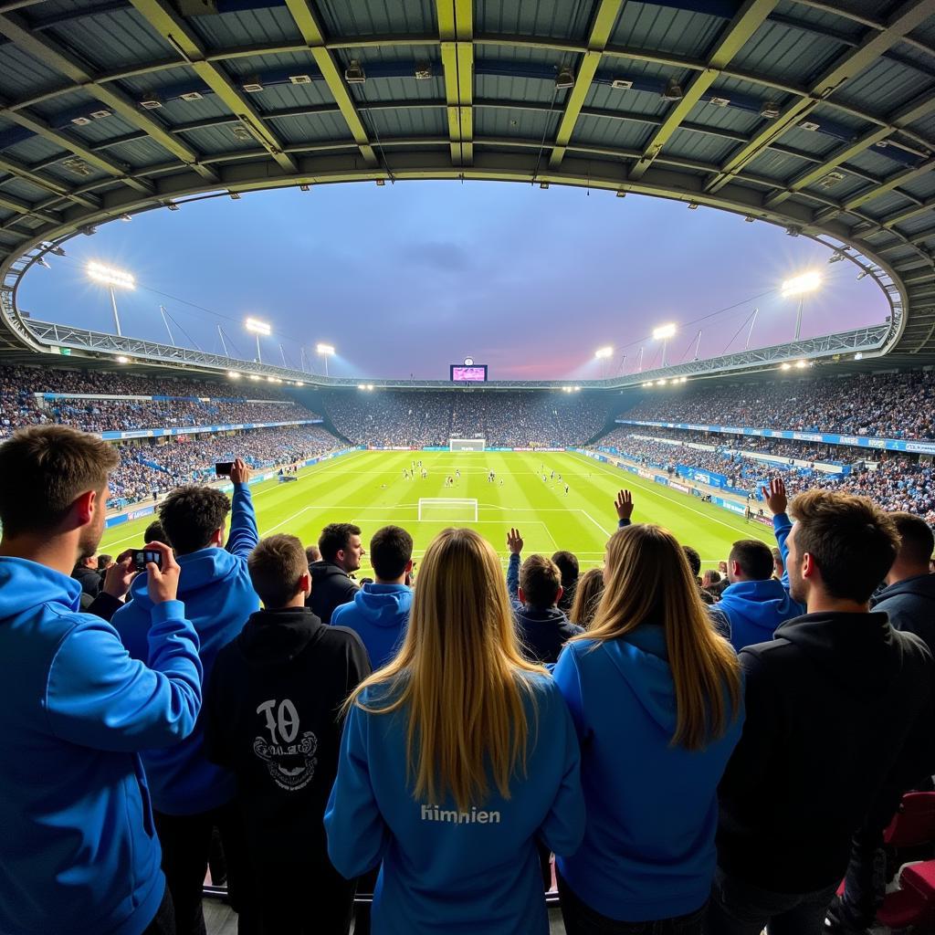 Cảnh cổ động viên hai đội Malmö FF và IFK Göteborg đối đầu nhau trên khán đài, tạo nên bầu không khí sôi động trong một trận derby nảy lửa tại giải bóng đá Thụy Điển.