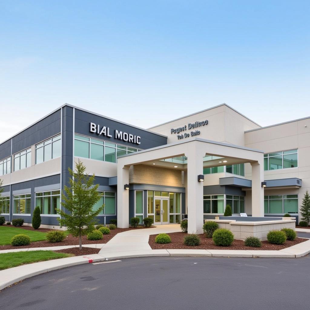 Modern hospital building with a large entrance and ample parking.