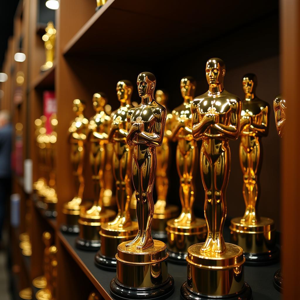 Cúp trao giải tượng Oscars vàng óng lấp lánh trên kệ trưng bày, sẵn sàng để vinh danh những tài năng xuất sắc.