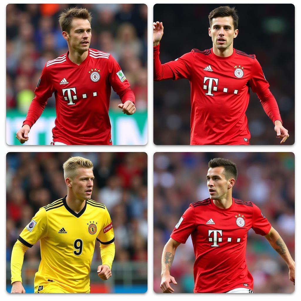 Hình ảnh các cầu thủ nổi bật tại Bundesliga như Lewandowski, Haaland, Muller, Reus.